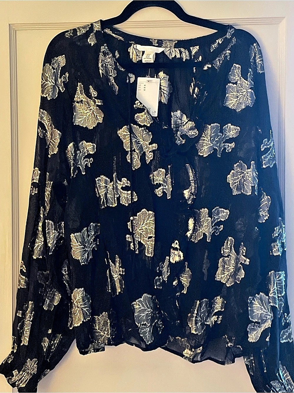 H&M Jacquard-Weave Blouse Floral Black & Gold